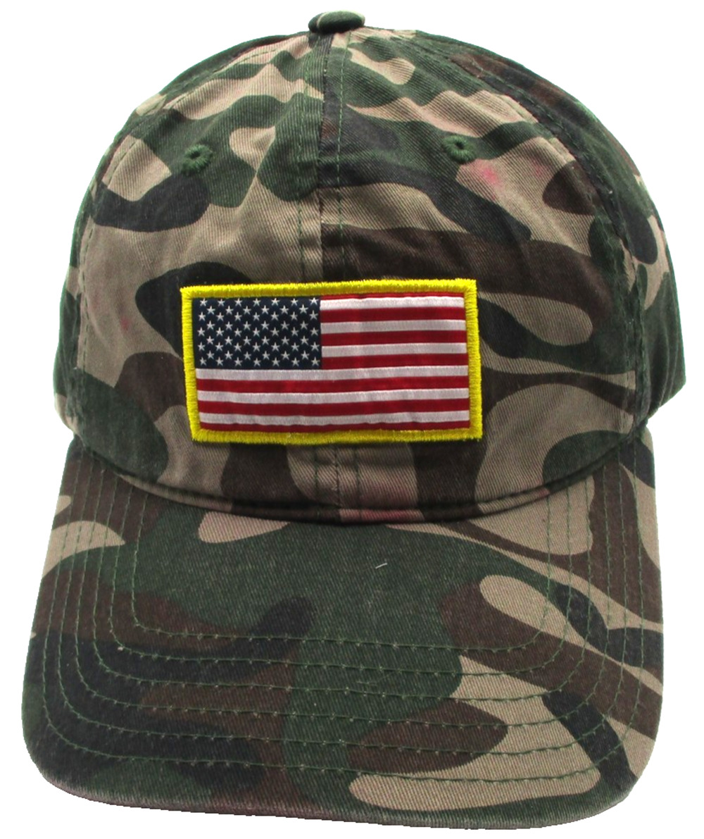 USA Flag Hat Cap Strap Back Mens One Size Green Camo Twill Army Patriotic